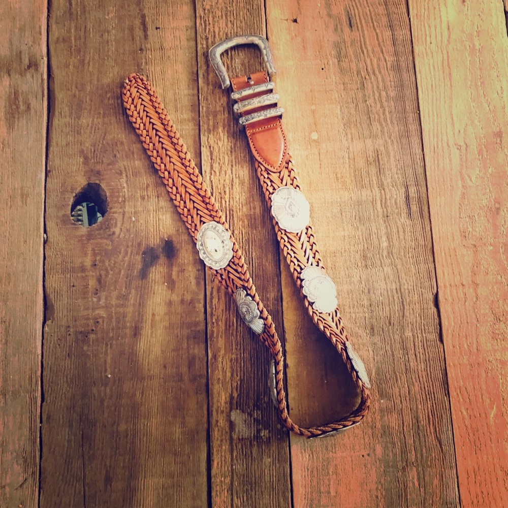 VINTAGE western leather woven belt w/ silver